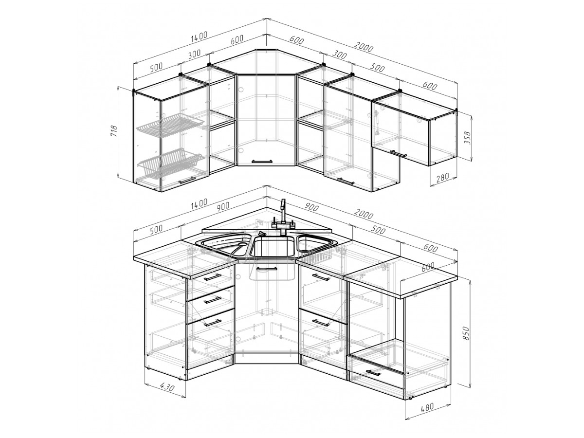 Угловой кухонный гарнитур 2000х1400 схема