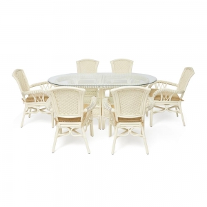 Комплект обеденный ANDREA GRAND (стол со стеклом, 6 кресел, подушки) TCH White (белый)