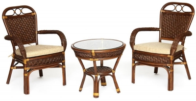 Комплект террасный ANDREA (стол кофейный со стеклом , 2 кресла , подушки) Pecan Washed (античн. орех)