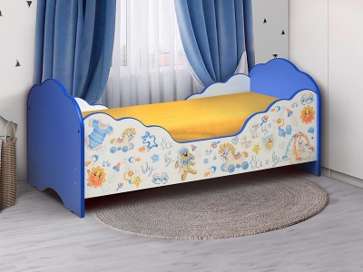 Кровать детская с бортом Малышка №3 синяя с фотопечатью