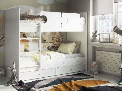 Кровать двухъярусная Мая с бортиками Тетрис и ящиками на латах белый