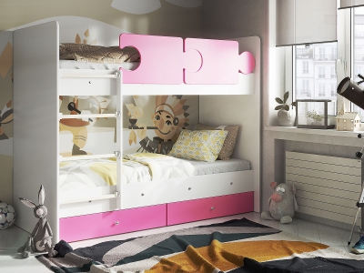 Кровать двухъярусная Мая с бортиками Тетрис и ящиками на латах белый-розовый