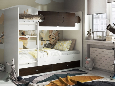 Кровать двухъярусная Мая с бортиками Тетрис и ящиками на латах белый-венге