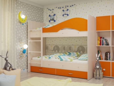 Кровать двухъярусная Мая с ящиками дуб-оранж