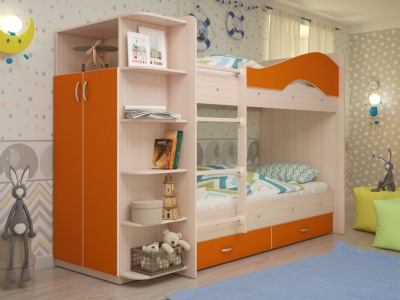 Кровать двухъярусная Мая со шкафом и ящиками дуб-оранжевый