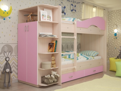 Кровать двухъярусная Мая со шкафом и ящиками дуб-розовый