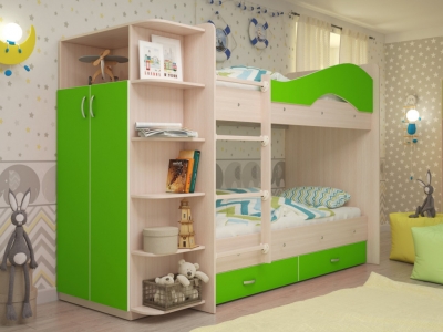 Кровать двухъярусная Мая со шкафом и ящиками дуб-зеленый