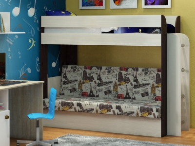 Кровать двухъярусная с диваном Карамель 75 венге ткань биг бен