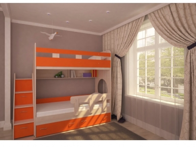 Кровать двухъярусная Юниор 1 с бортиком дуб-оранж
