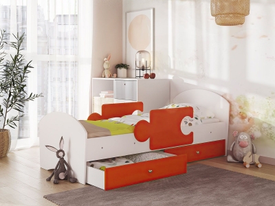 Кровать Мозаика на ламелях с ящиком и бортиками белый-оранж