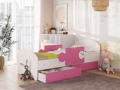 Кровать Мозаика на ламелях с ящиком и бортиками белый-розовый