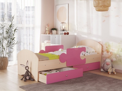 Кровать Мозаика на ламелях с ящиком и бортиками дуб молочный-розовый