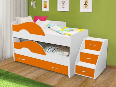 Кровать выкатная Радуга с ящиками и лестницей белый-оранж
