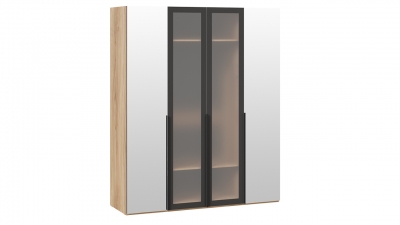 Шкаф для одежды 580 с 2 зеркальными и 2 стеклянными дверями Яблоня Беллуно-Графит-стекло сатин черное