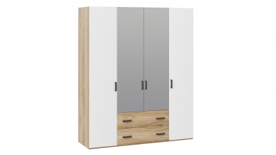 Шкаф комбинированный с ящиками с 2 глухими и 2 зеркальными дверями Рико Яблоня Беллуно, Белый глянец