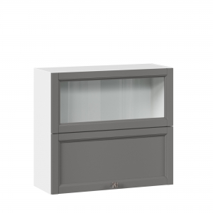 Шкаф кухонный 800 горизонтальный с 2 складными дверями комбинированный со стеклом Джулия Белый-Оникс серый