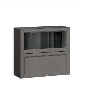 Шкаф кухонный 800 горизонтальный с 2 складными дверями комбинированный со стеклом Джулия Чёрный-Оникс серый