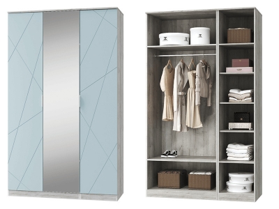 Шкаф Лагуна трехдверный с зеркалом серо-голубой/белый снег софт