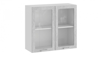 Шкаф навесной c двумя дверями со стеклом Гранита Белый-Бетон снежный