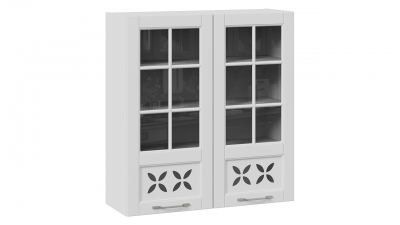 Шкаф навесной cо стеклом и декором Скай Белоснежный софт