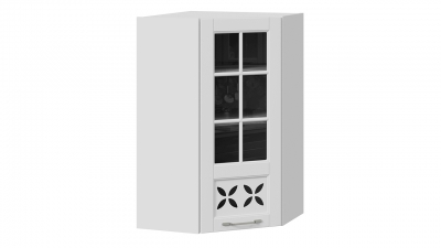 Шкаф навесной угловой c углом 45 со стеклом и декором Скай Белоснежный софт