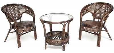 Террасный Комплект PELANGI (стол со стеклом , 2 кресла) - без подушек - walnut (грецкий орех)