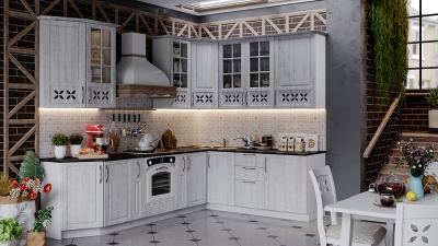 Угловая кухня длиной - 280 х 210 см со шкафом НБ Прованс Белый глянец-Санторини светлый